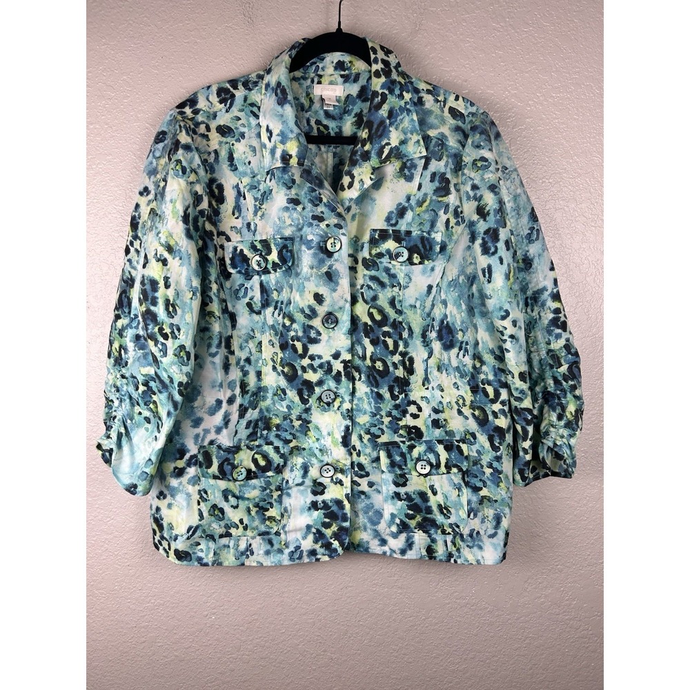Chico's Blue Camo Print Pockets Button Front 3/4 Sleeve Top Blouse Size 3 US XL
